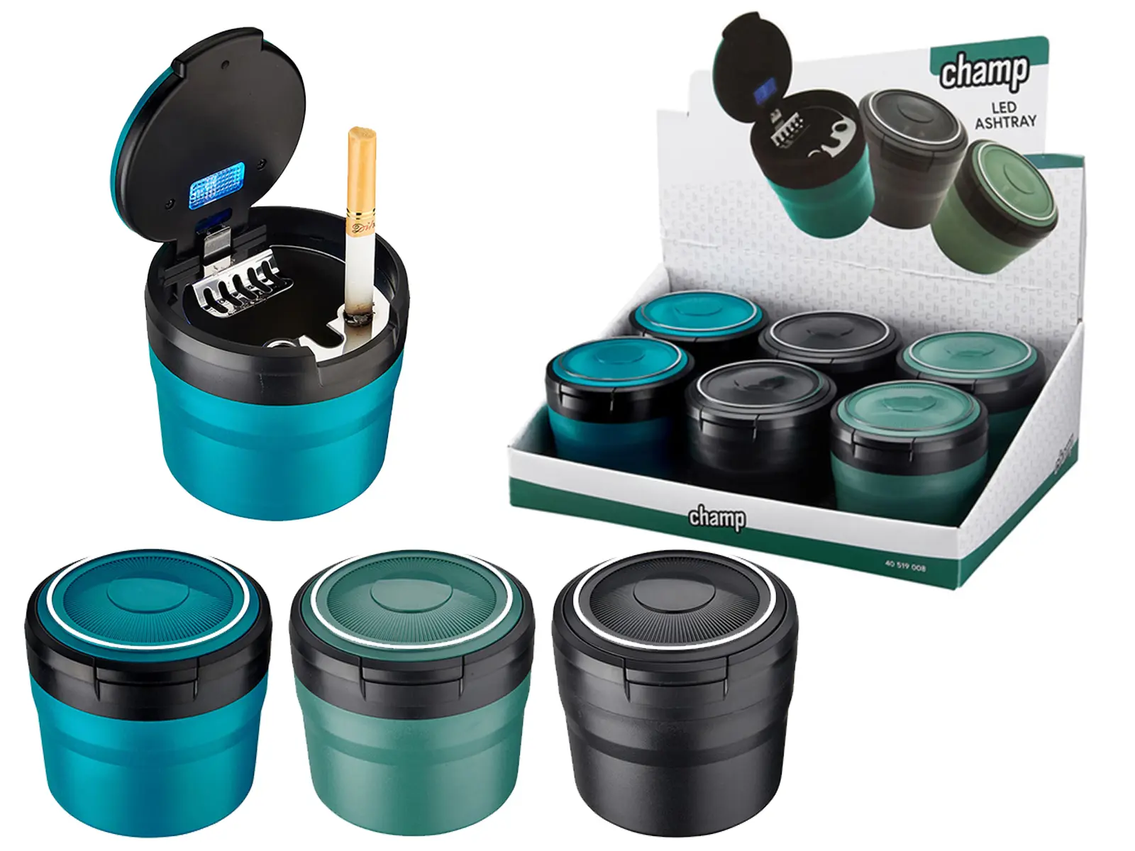 Aschenbecher mit LED, versch. Farben, Disp. x6